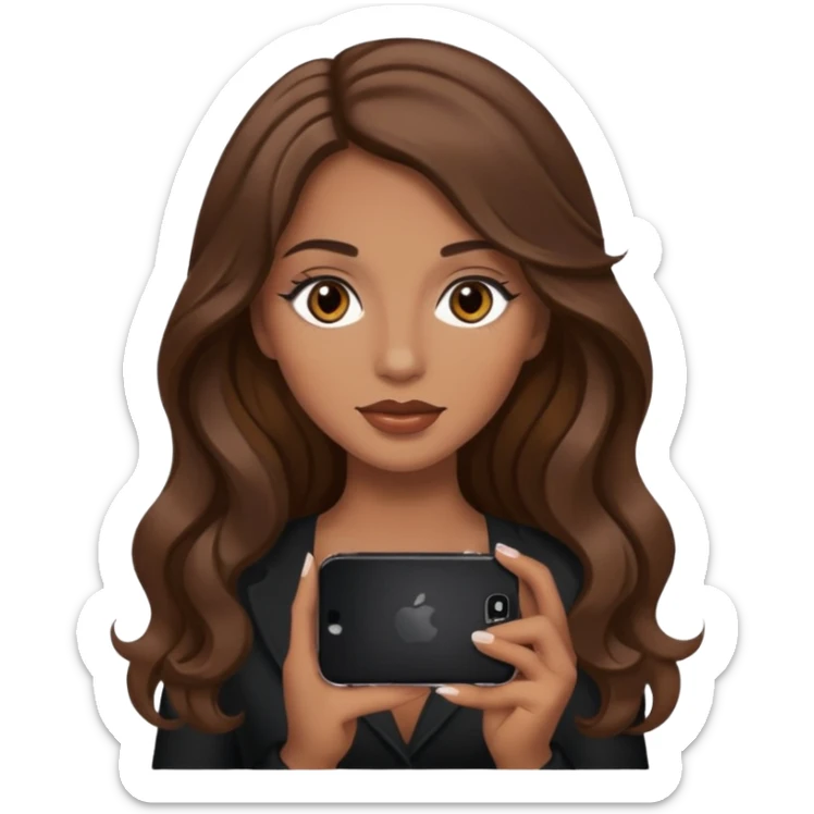 Chica pelo castaño largo ondulado con ojos café claro maquillada sosteniendo un iPhone sticker