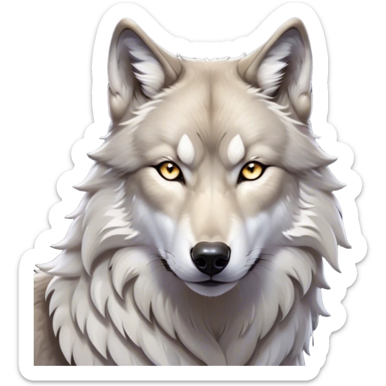 Cinematic Noble Wolf Portrait Emoji, Poised and regal, with a strong, lean build and a sleek, well-groomed Fur of grey and white, deep-set soulful piercing eyes, Simplified yet sharp and sophisticated features, highly detailed, glowing with a soft, dignified glow, high shine, intelligent and fierce, stylized with an air of wild majesty, focused and attentive, soft glowing outline, capturing the essence of a watchful and confident alpha, so majestic it feels as though it could howl out of the screen with effortless authority! sticker
