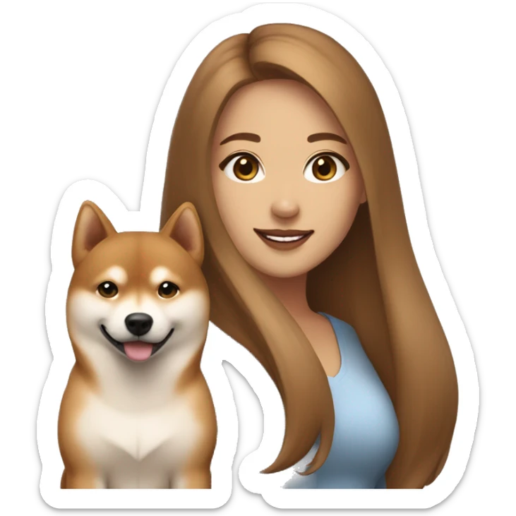 beautiful woman, straight long light brown hair, brown eyes smiling with dog Shiba Inu sticker