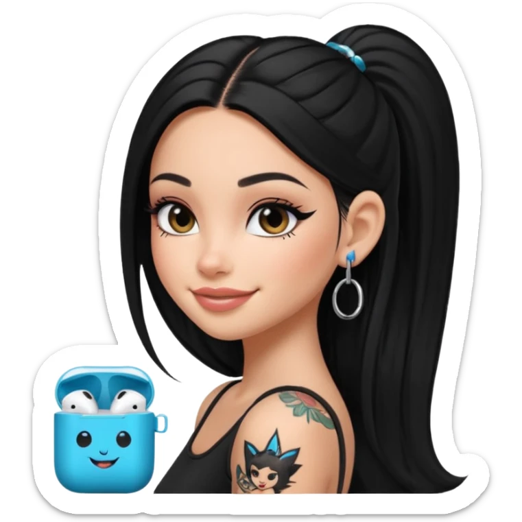 generate a pretty bratz girl with black long straight hair and airpods on, tattoo on shoulder, eyeliner on sticker