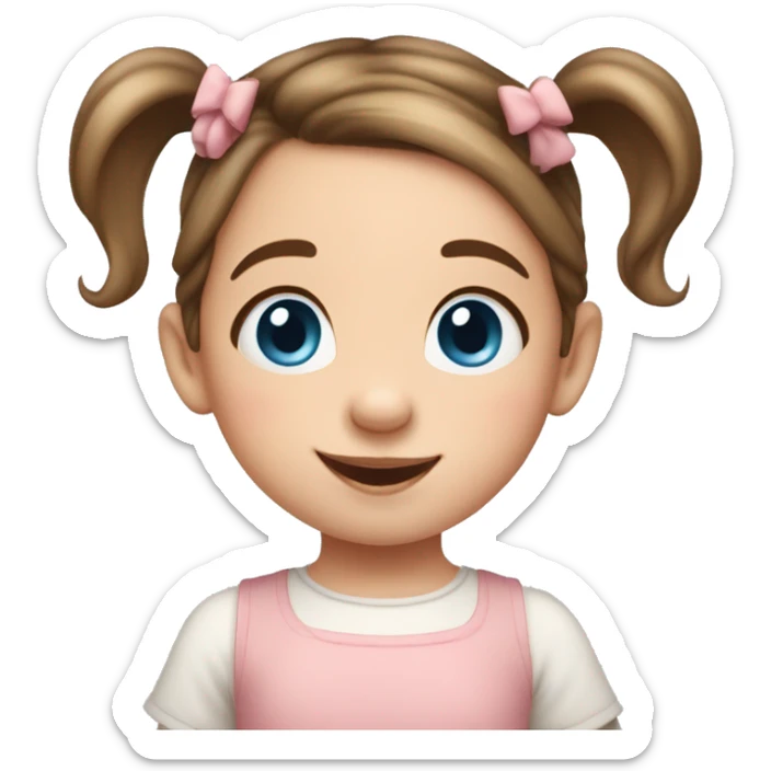 A toddler girl with 2 tiny pig tails on top of her hair with tiny bows, fair skin, blue eyes, brown hair, smiling, wearing a pastel shirt sticker