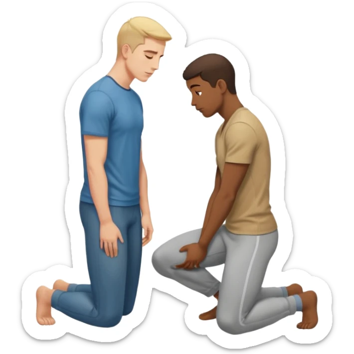 one guy standing up and the other guy is on both of his knees in front of said guy standing up who is loookg down at him and guy on knees is looking up at him sticker