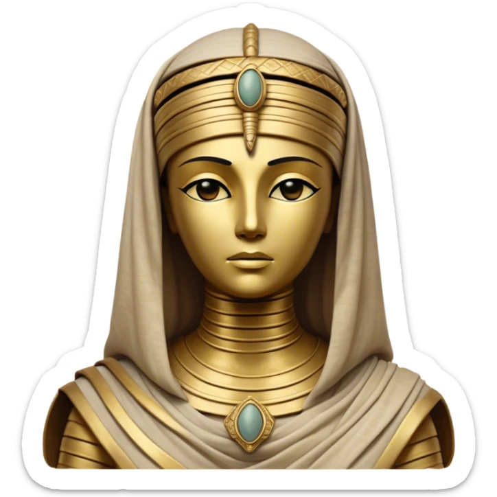 Cinematic Noble Mummy Portrait Emoji, Regal and timeless, with a meticulously wrapped, ancient form in muted earth tones accented by faded gold, exuding an air of forgotten majesty and solemn duty, simplified yet elegant with intricate bandage details, highly detailed and softly glowing, evoking the dignified mystery of an eternal sentinel guarding long-lost secrets! sticker