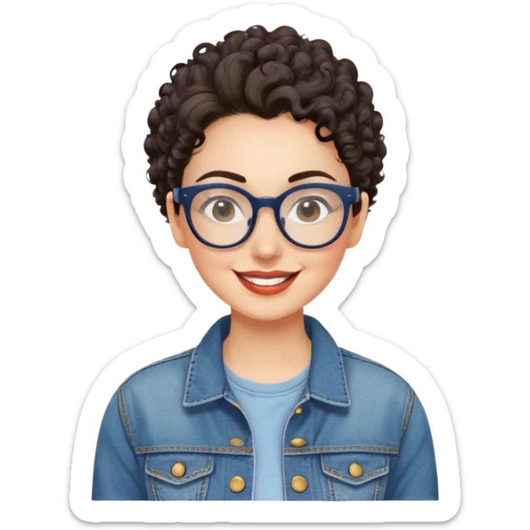 Mujer caucasian, cara redonda, gafas grandes rectangulares, cejas delgadas, pelo oscuro rizado recogido. Sonrisa amplia, expresión feliz. Chaqueta de mahón. sticker