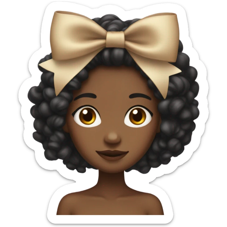 A brown skin girl with long curly black hair at the shoulders with a coquette bow sticker