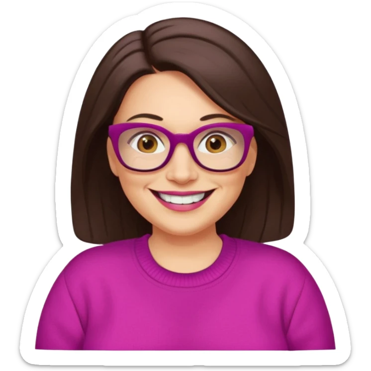 50 yr Caucasian woman, long dark brown hair parted on side, brown eyes, brown glasses, big smile, white teeth, fuscia sweater, chubby,  sticker
