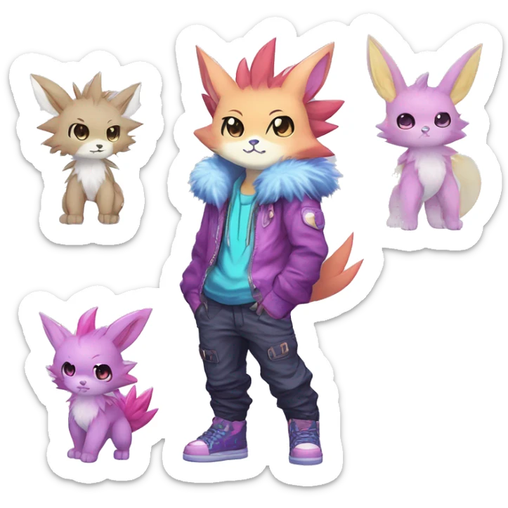Anthro Spiky Cool Edgy Magical Petite Shiny Colorful Pastel Glitter Sparkle Anime Chibi Fantasy-Animal-Fakémon-Pokémon-Hybrid Fur Sona Aesthetic Trending Style Full Body sticker