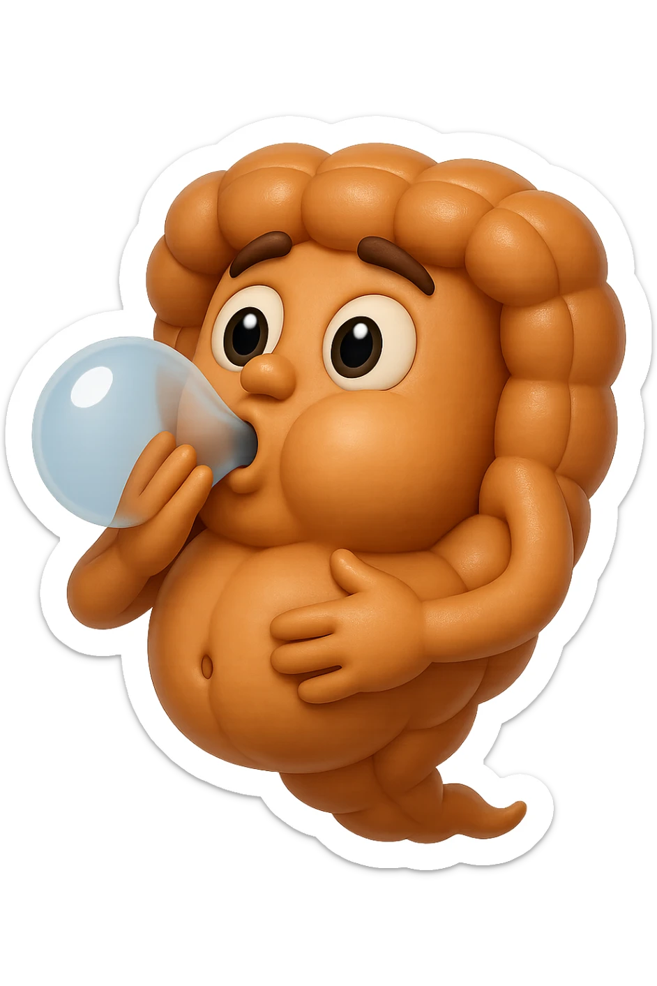 emoji stile iphone di un intestino che ingoia una nuvoletta di aria ben visibile e gli si gonfia la pancia, iperrealistico 4k sticker