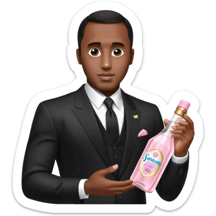 A realistic product shot of a transparent bottle of Johnson’s Baby Oil by Johnson & Johnson, featuring a soft pink label. The oil inside is crystal clear and glossy. Sean "Diddy" Combs in black suit is holding the bottle sticker