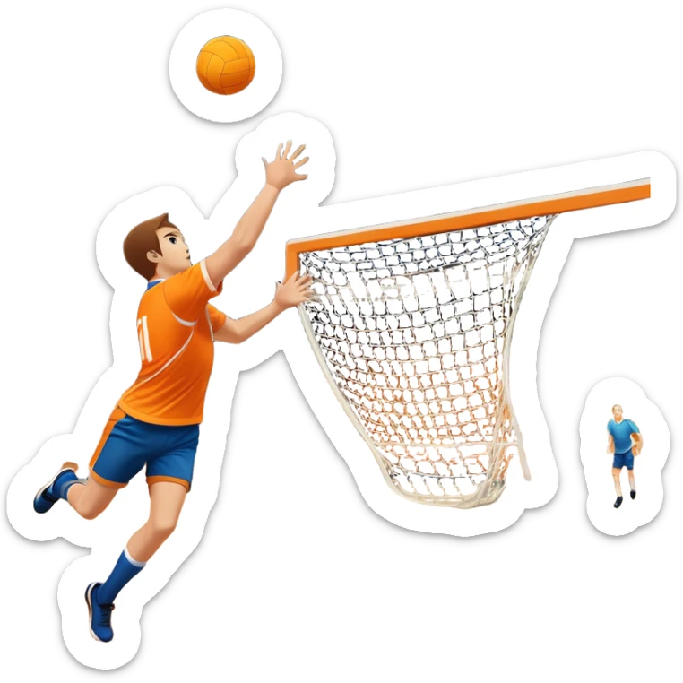 A handball thrown towards the goal, mid-air, with the goalposts and court lines in the background. The scene captures the power and precision of the throw, with the net of the goal in focus, emphasizing the dynamic action of the sport. sticker