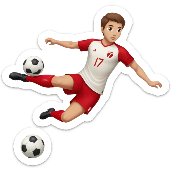 Guy kicking soccer ball with red jersey and wearing number 7 with brown hair sticker