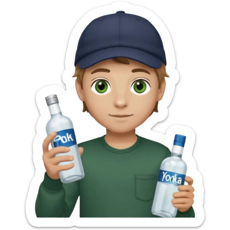 garçon avec yeux vert foncé qui a une puff 16k jnr à l’un main et une bouteille de vodka à la main avec une coupe casquette et les cheveux chatin clair  sticker