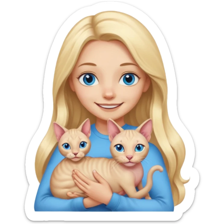 blonde girl with long hair and blue eyes smiling with a sphynx cat in her arms, emoji style sticker