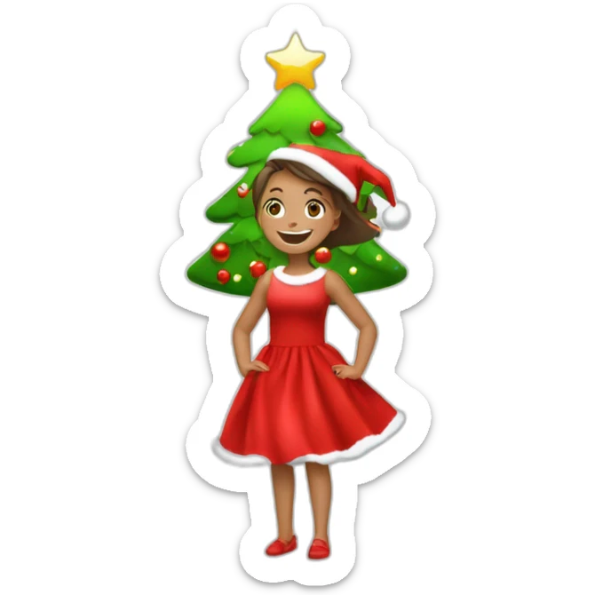 happy girl with red cristmas dress and gifts under cristmas tree sticker