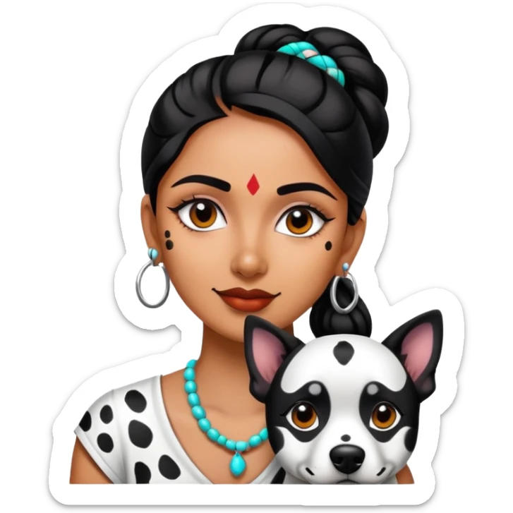 Indian woman who is neon and has a dog who is black and white spots  sticker