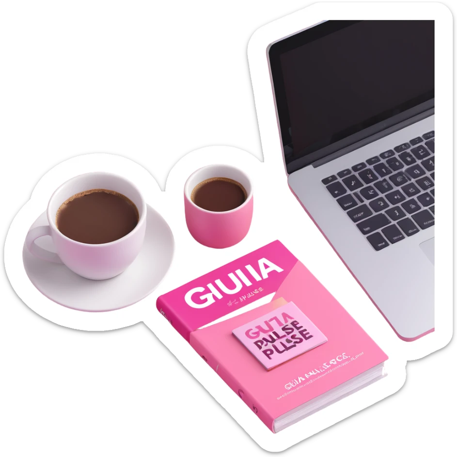 pink magazine with the title 'Guia Pulse' on the cover, next to a coffee cup and a MacBook sticker