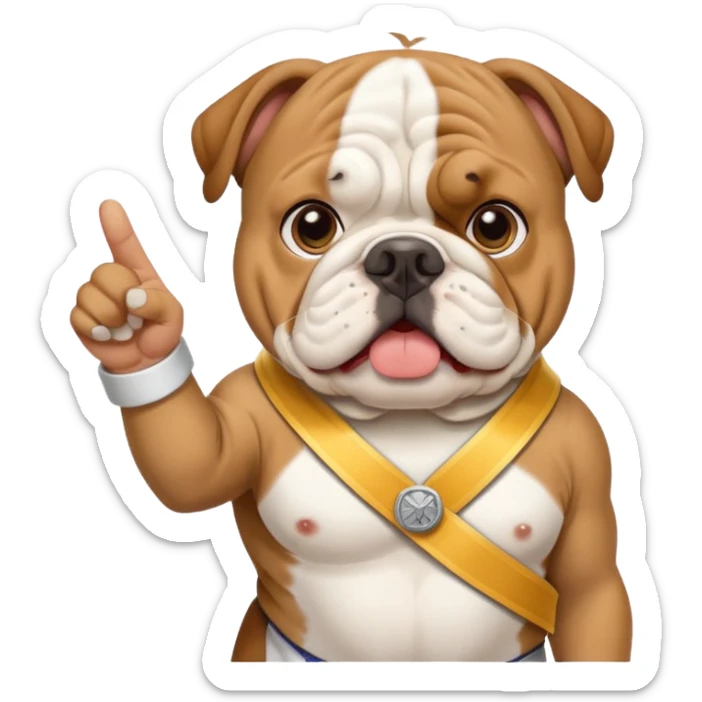 English bulldog pointing at a landmark, wearing a tour guide sash sticker