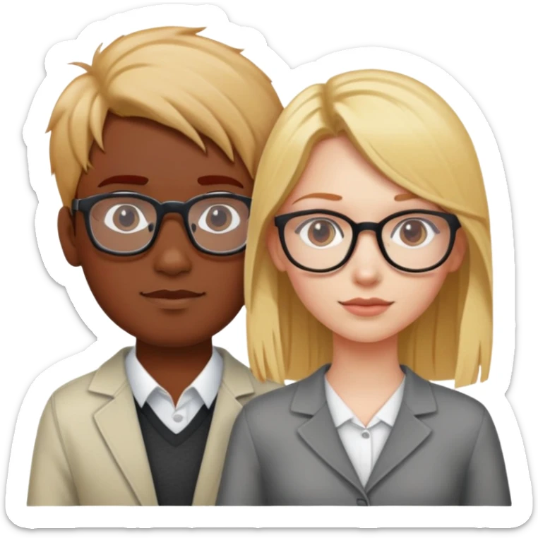 A blonde haired girl and red haired girl both with glasses standing next to an Indian male sticker