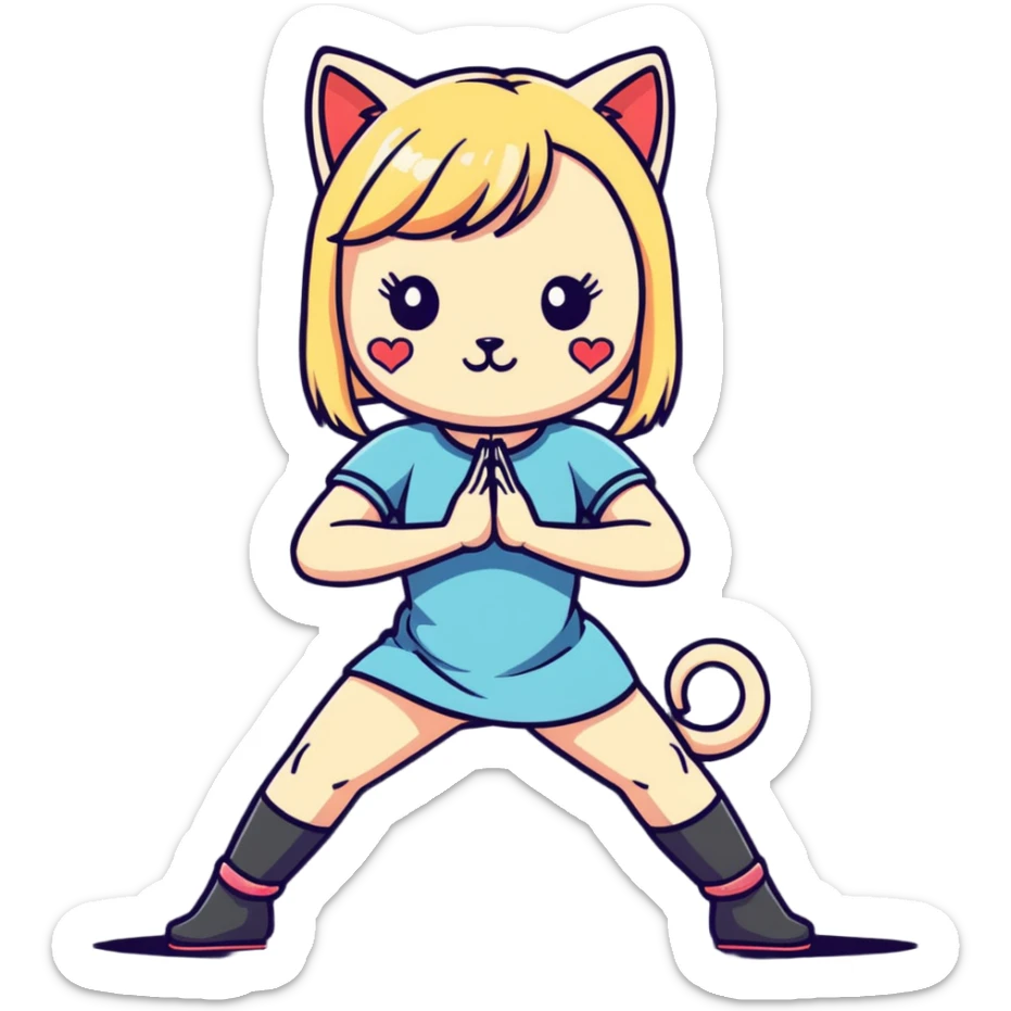 girl in a short dress with gogo boots, blond hair, cut-out heart in the dress, yoga cat pose sticker