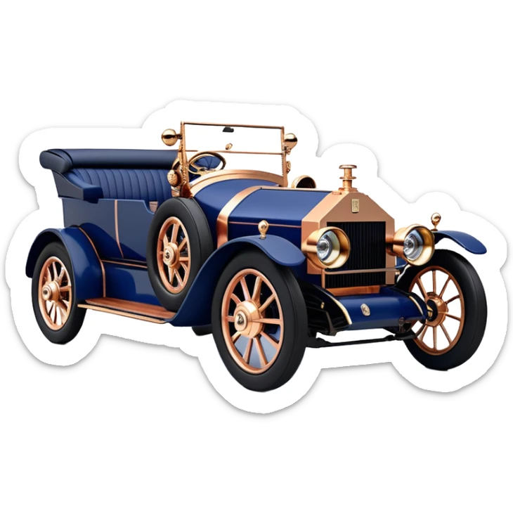  tarnished dark blue led lights C-3PO ghost buster’s 1927 delicately inlaid rose gold wood barrel accents Model-T x Rolls Royce efficiently powered by futuristic electric motors and dynamos with wide racing wheels that are strong agile advanced suspension and steering sticker