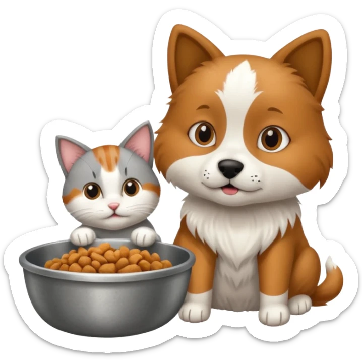 The dog is itching because of fleas, the cat is eating a lot of food from the bowl sticker