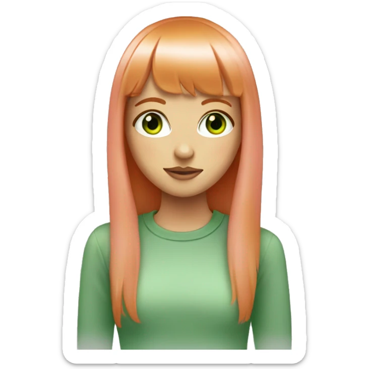 ginger girl, green eyes eyes, shoulder lenght straight hair with bangs, wearink pink  sticker