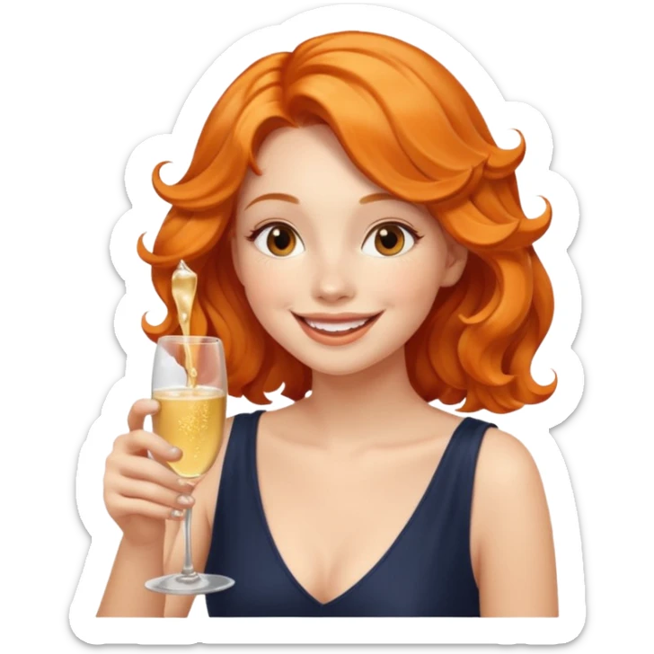 A shy young woman with orange wavy hair gently takes her first small sip of champagne, smiling with excitement. sticker