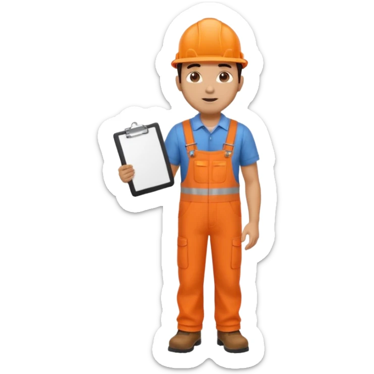 Indian male railway engineer orange overalls, boots holding a clipboard back of head sticker