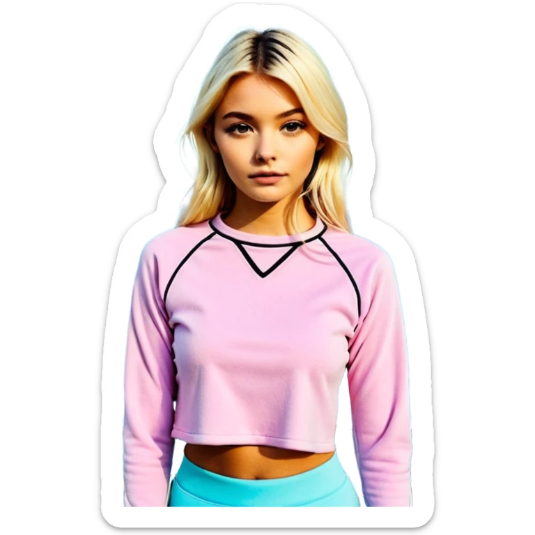 En anime-ku-jente med to rosa lange tykke fletter og cyan striper i håret, ku-horn og ku-ører, sort BH-topp over en gul cropped-fleece-blouse, lilla øyne, søt sløyfe på halsen  sticker