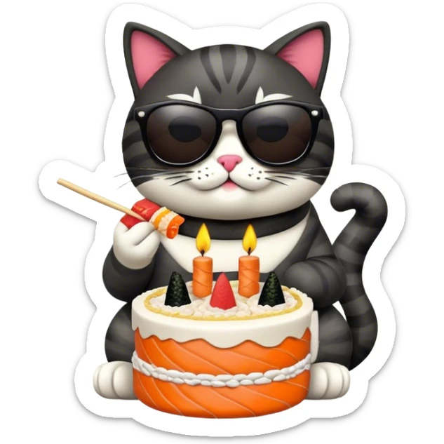 cool cat wearing sunglasses eating a birthday cake made out of sushi sticker