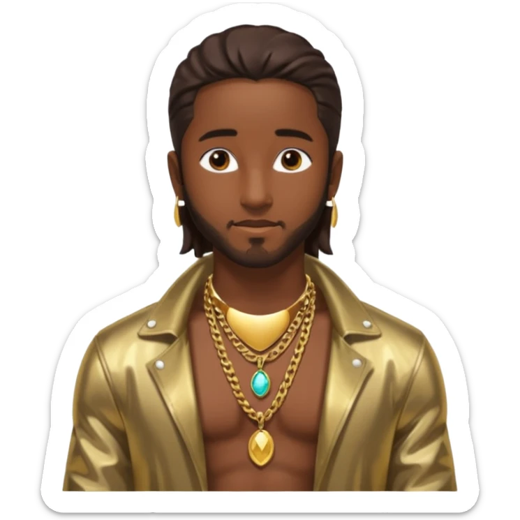 Omarion with long dark brown hair, shirtless with necklace, metallic bronze jacket sticker