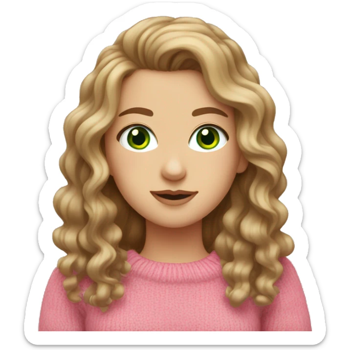 White girl with brown long curled hair and green eyes and a pink sweater sticker