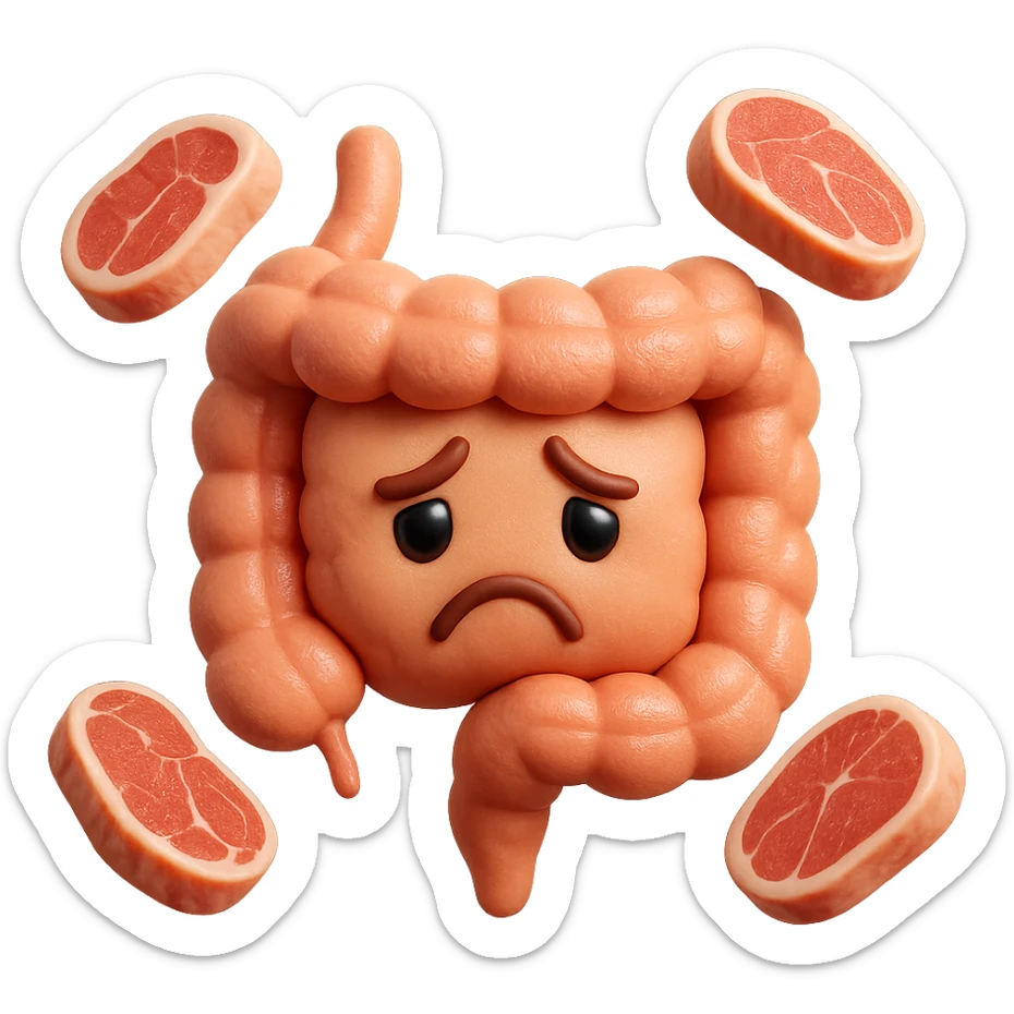 emoji stile iphone in 3d di un intestino triste con fette di carne che gli fluttuano intorno, iperrealistico 4k sticker