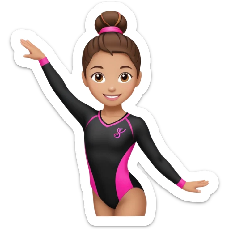 Happy female gymnast with brown hair in a neat bun, wearing a black uniform with neon pink elements. sticker