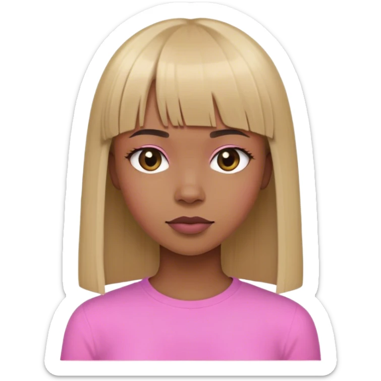 Dark blond girl with strigh hair aand with fringe with a pinky shir sticker