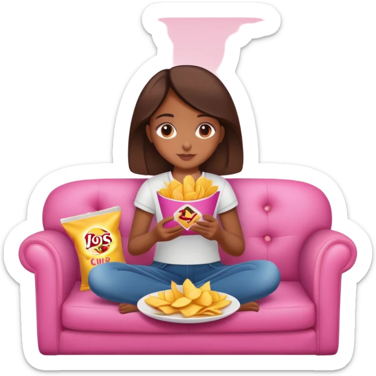 home brown girl with plate of chips, sitting at the pink sofa sticker