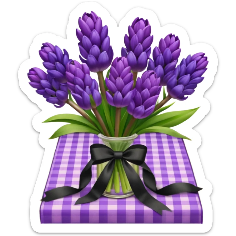 A lush bouquet of bright prple color Hyacinths black satin ribbon, resting on an antique wooden table, with a pale yellow and pink plaid pattern table cloth sticker