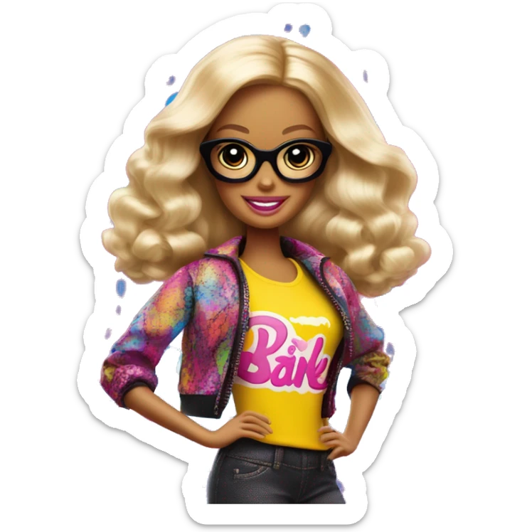 An image of a Barbie doll wearing a stylish outfit with the word 'Barbie' written across the clothing, set in a fun, vibrant background sticker