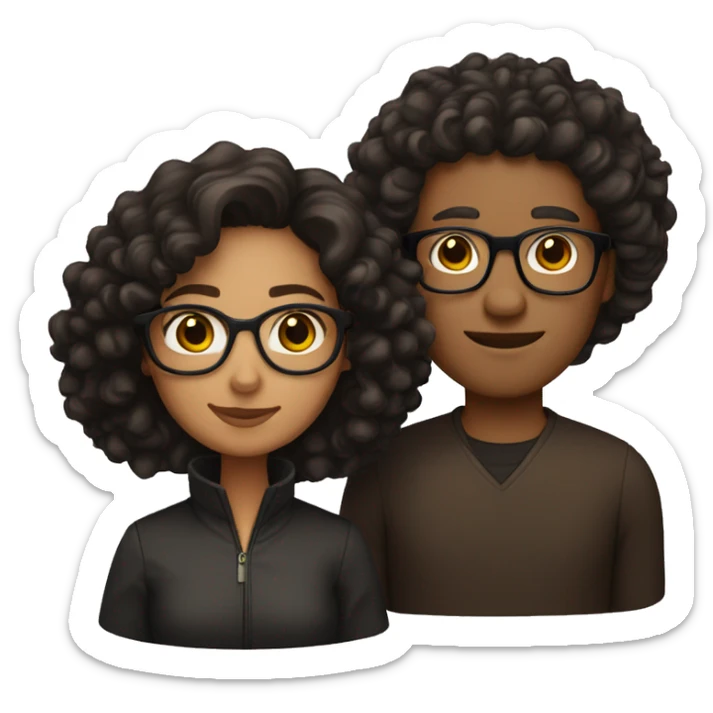 Couple emoji: light skin, brown eyes; man with black curls, glasses; woman brown curls sticker