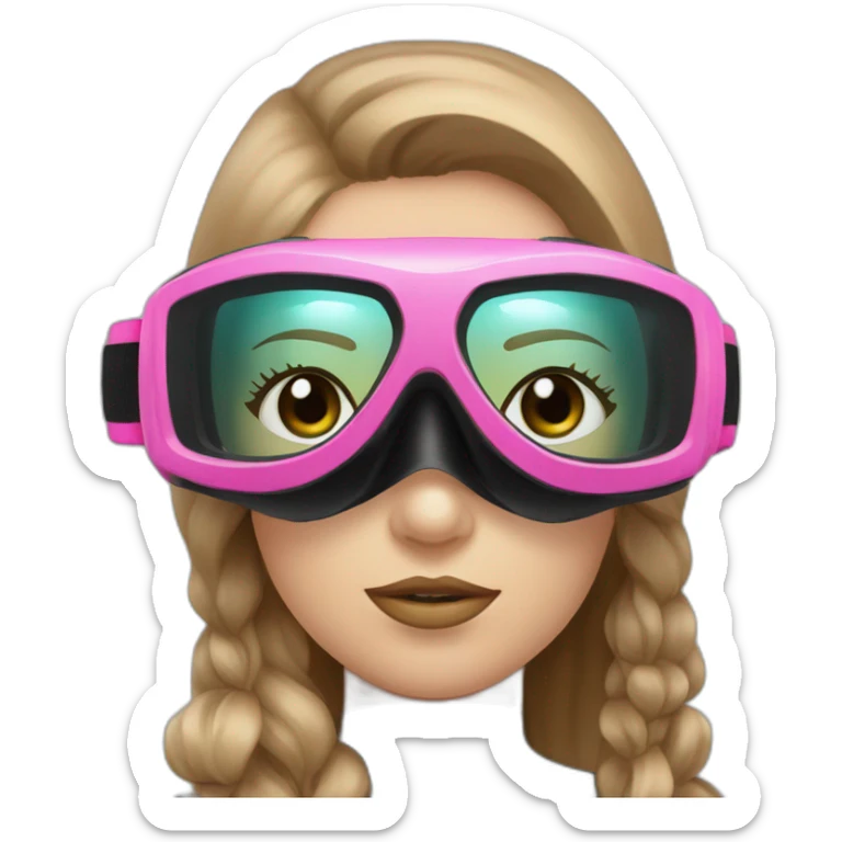 woman large light brown and straight hair, black and pink diving mask with a single crystal, tourquese eyes, scubadiving gear sticker