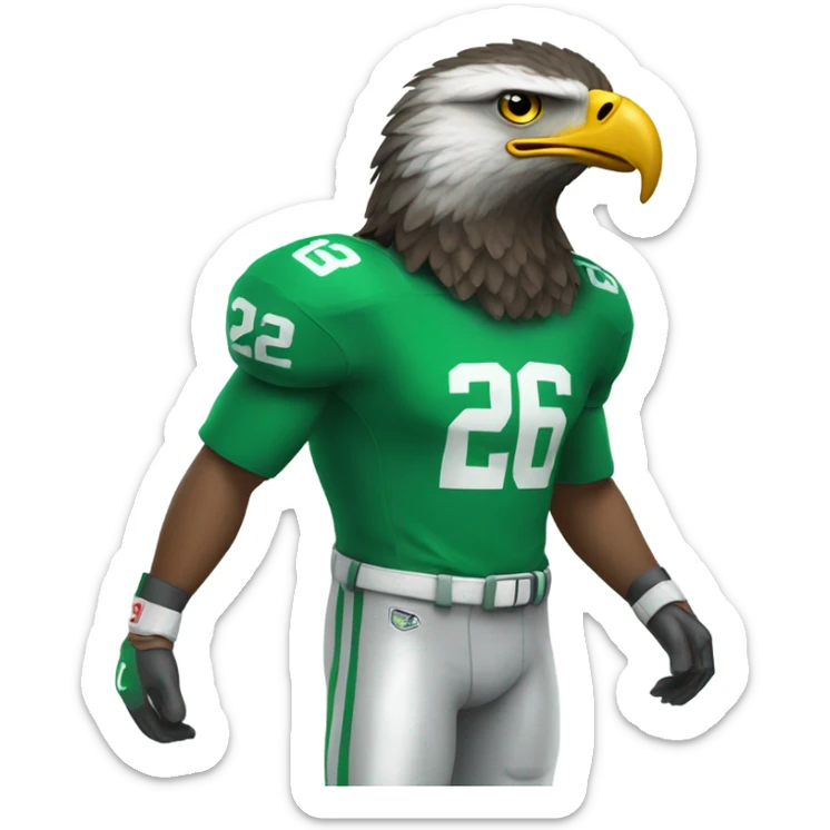 Eagle wearing a #26 green football jersey and green helmet sticker