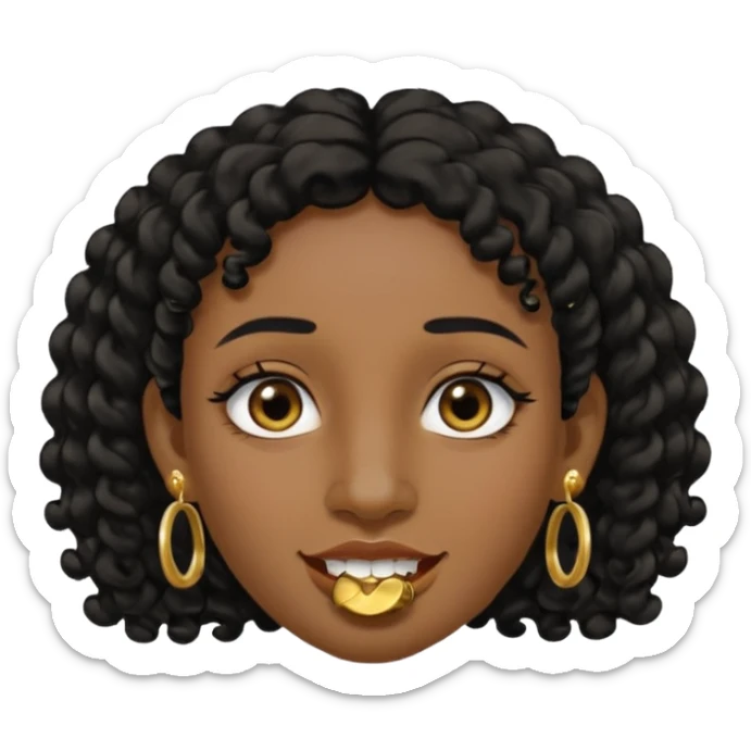 Make a emoji of a person with dark skin and has a nose ring and has a bunch of small earrings and a big earring and who has a tiny bit of hair and who has a gap between her two front teeth sticker
