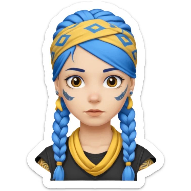 blue braided hair with yellow head bandana and lots of face tattoo girl sticker