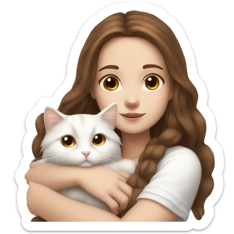 White girl with long brown hair snuggling fluffy white cat sticker