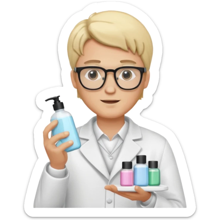 blonde man with white coat and glasses holding skincare products sticker