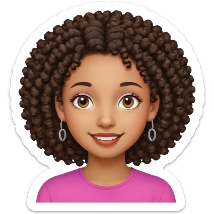 Fille de couleur de peau noir Avec des cheveux bouclés, des yeux de deux couleurs différentes, un petit nez, des lèvres pulpeuses un peu de blush sur les pommettes Highlighter sur le nez fossiles sticker
