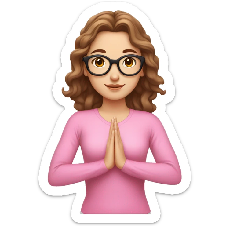 White girl dressed in pink and white, with wavy brown hair, brown eyes and black glasses doing yoga sticker
