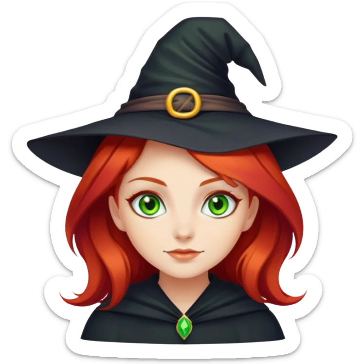 green eyed girl with red hair. some emoji make it look like she is a witch sticker