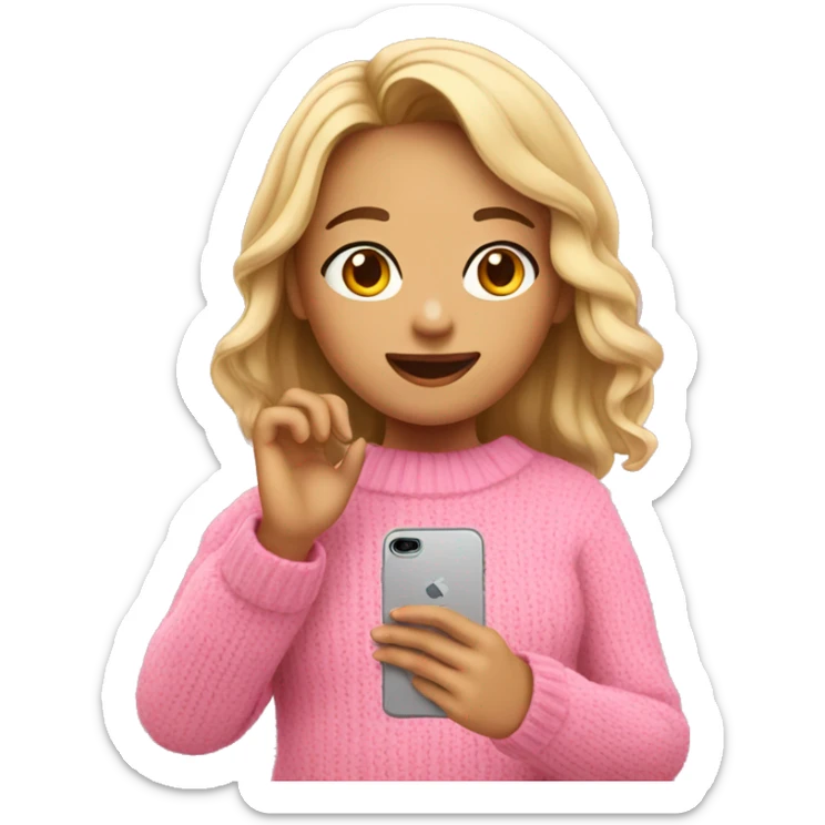 A girl in a pink sweater takes a selfie on her phone sticker