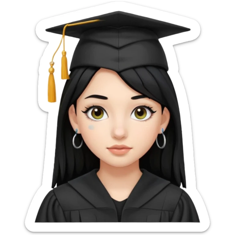 teenage girl emoji with black hair, bold makeup, nose piercing, wired earpods, wearing a graduation cap and gown, just graduated high school sticker